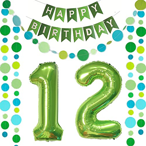 Luftballons Zahl 12 Grün + Happy Birthday Girlande + banner Folienballon 12.Geburtstags deko Mädchen jungen ballons 12 Jahre Geburtstag deko Zahlenballon 12 Geburtstag dekoration Mädchen junge(12)