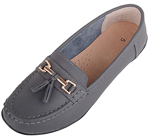 ABSOLUTE FOOTWEAR Womens Slip On Leather Loafer/Deck/Boat Shoes, Grey, UK 7