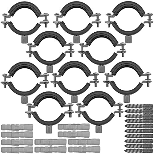MegaHaustechnik 2-Schrauben-Rohrschellen aus Edelstahl VA Set 10 Stück mit Stockschrauben und Dübel, Spannbereich 12 bis 16mm Rohr-Außendurchmesser 1/4 Zoll mit Schallschutz, mit M8 Gewinde-Mutter