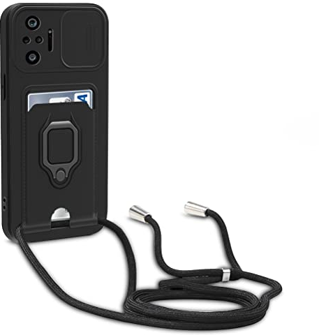 yanasuo Schiebe Kameraschutz Silikon Handykette Hülle kompatibel mit Xiaomi Redmi Note 10 Pro 4G/Note 10 Pro Max, Metall Ring Halter Handy Cover,Verstellbarer Halskette Handyhülle-Schwarz