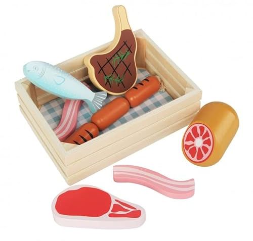 Kinderküche Zubehör Holz 12,5 x 17 x 5 cm - Kinderküche Spielküche Zubehör Kaufladen - Lebensmittel Spielzeug Mit Fleisch und Fisch - Kaufmannsladen Zubehör Holz