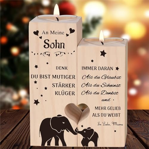 kerzenständer-Geschenke für Sohn - Wooden Heart-Shaped Candle Holde,Geburtstagsgeschenk für Sohn,Jubiläum, Kerze personalisiert(Geschenk der Mama an die Sohn)
