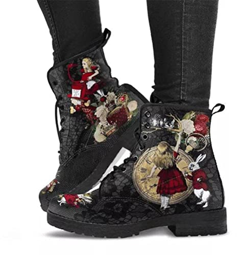 Onsoyours Damen Herbst Winter Stiefel Gothic Chelsea Boot Punk Stiefeletten Biker Boot Knöchel Stiefel Mit Blockabsatz Gotisch Retro Drucken Kurze Stiefeletten A Rotes Kaninchen 40 EU