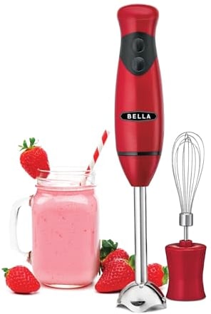 Batidora de mano de inmersión BELLA con accesorio de varilla para batir, bate rápidamente salsas, purés, sopas y batidos sin BPA, facil de limpiar, acero inoxidable/color rojo