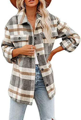 Iris Sprite Chemise à Carreaux en Flanelle pour Femme - Manches Longues - Chemise boutonnée en Velours côtelé (Gris, S)