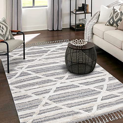 payé Teppich Wohnzimmer - 80x150cm - Creme Grau Blau - Raute Meliert - Hochtief Effekt - Fransen Deko Boho Flauschig - Cut & Loop Sisal - Schlafzimmer Flur Dekoration Läufer