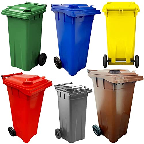 Wheelie Bins Compact 140L Red, Blue, Green, Brown, Grey & Yellow Home Workplace Waste Disposal Bins Ideal for Flats, Garages, Factories, Warehouses With Strong Rubber Wheels & Lids (Grey)