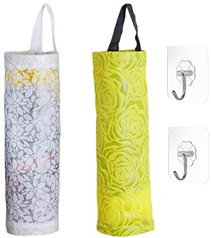 2 Pezzi Porta Sacchetti di Plastica,Porta Sacchetti Spazzatura,Porta Sacchetti da Cucina Appendibili,Delicati Fiori Tridimensionali Organizzare Cucina(Bianco + Giallo)