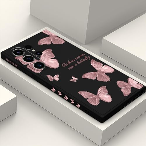 LEECG für Samsung Galaxy S23 Ultra Hülle, Kreative Blume Muster Design, Anti Fall Weiches Slim Silikon Dünne Handyhülle Cover für Samsung S23 Ultra, Schmetterling Schwarz