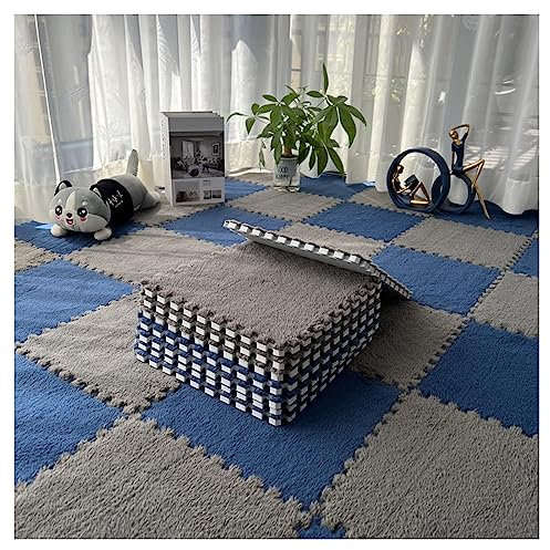 12-teilige Puzzle-Spielmatte, Flauschige Plüsch-Teppichfliesen, Quadratisches Schaumstoff-Teppich-Set, Schaumstoff-Bodenfliesen Für Spielzimmer, Schlafzimmer, 30 X 30 cm(Color:Grau+Marineblau)