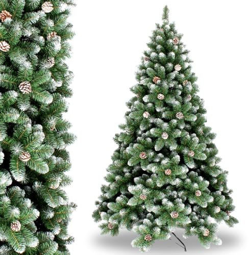 Albero di Natale Innevato con Pigne 210 cm, Realistico e Folto, 1298 Rami con Apertura ad Ombrello, Abete Artificiale Ignifugo, In PVC, Verde e Bianco, con Base robusta in Metallo