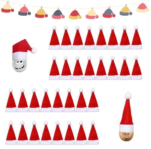 RYAN 32 Stück Mini Weihnachtsmütze Kleine Nikolausmützen Mini Rot Santa Claus Hut Weihnachtsmann Bestecktasche Weihnachten für Eier Süßigkeit Flaschen