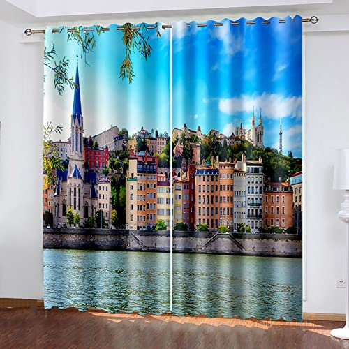 COOBAA 3D Schöne Stadt Am Meer Druck Muster Ösenvorhang, Gardinen Wohnzimmer Modern Hoch 260X280Cm Thermo Vorhänge Gegen Hitze, Raumteiler Vorhang Für Flur Rauschminderung Dekorativ