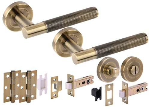 Hunta HANDLEZONE® Evo Knurled Grip Door Handles on Rose Bathroom Deadbolt Pack with Standard Turn Set, 76mm Latch and Lock, 75mm Ball Bearing Hinges - Antique Bronze