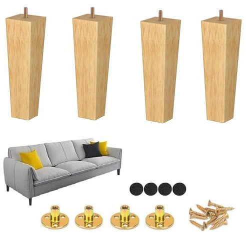Wood Trapeze Tapered Furniture Leg Set of 4 Mid-Century Wooden Furniture Feet Replacement Legs with Mounting Plate & Screws for Sofa Couch Cabinet Chair Coffee Table Dresser - Clear (15 cm / 6 inch)