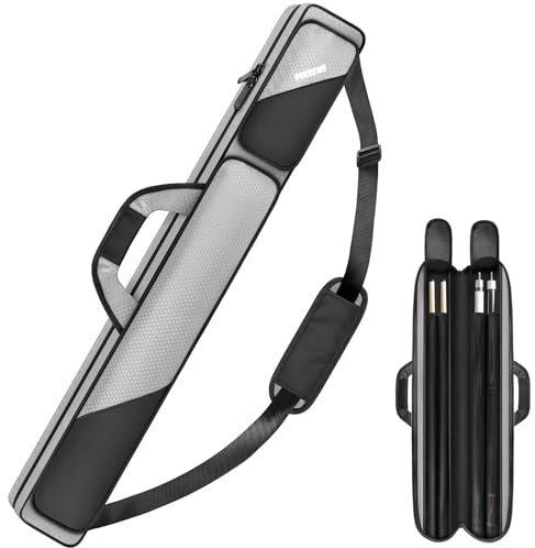 PEKREWS Pool-Queue-Koffer 2 x 2, Pool-Stick-Tasche für 2 Stöcke mit 2 Zubehörtaschen mit Reißverschluss, stabile Polyester-Poolqueue-Tragetasche mit Schultergurt, weicher Billardqueue-Rucksack für