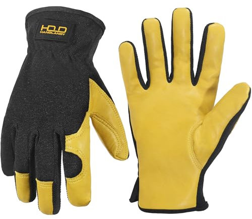 HandLandy Men's Leather Utility Gardening Gloves, Dexterity & Breathable Construction Gloves for Garden & Building Work (Yellow-Black, M)
