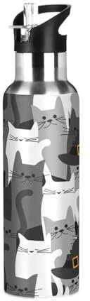 Bouteille d'eau avec paille anti-fuite - Motif chat noir - Isotherme sous vide - Pour filles et garçons - 600 ml