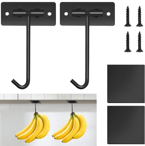 Windspeed 2 Pack Metal Banana Hook, Adhesive Banana Hook Under Cabinet Banana Hanger Foldable Banana Holder to Keep Bananas Fresh