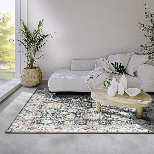 Elle Decoration Saveh Teppich – Klassischer Rutschfester Vintage Design Kurzflor Teppich für Schlafzimmer, Esszimmer, Wohnzimmer, Flur, Küche – Blau Creme, 200x290cm