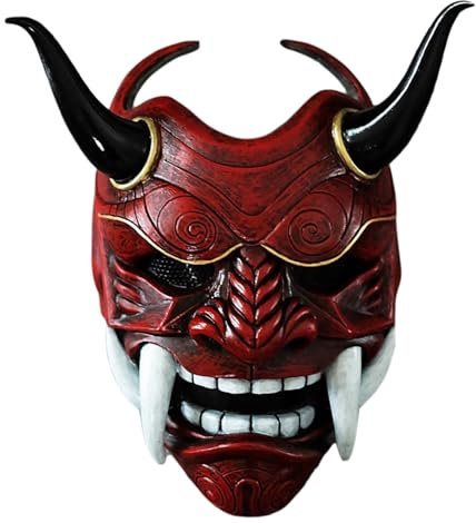 BEAHING Masque Oni, masque de samurai, masque hannya japonais en latex, masque de samurai plein visage effrayant avec et corne d'ox
