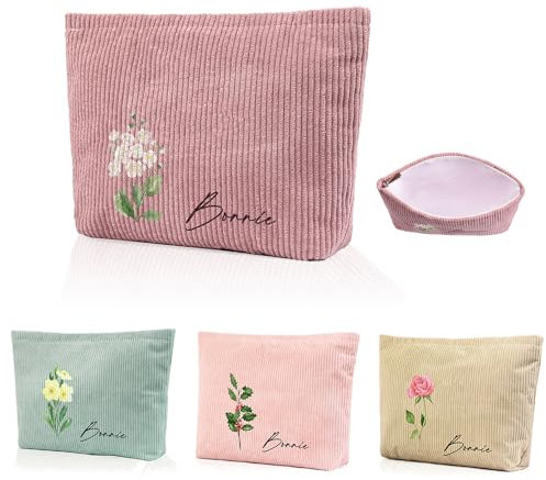 Sac à Cosmétiques pour Femmes Personnalisé Trousse avec Nom et Fleur d'anniversaire Trousse de Toilette de Voyage avec Fermeture éclair (Velours côtelé-Rose)