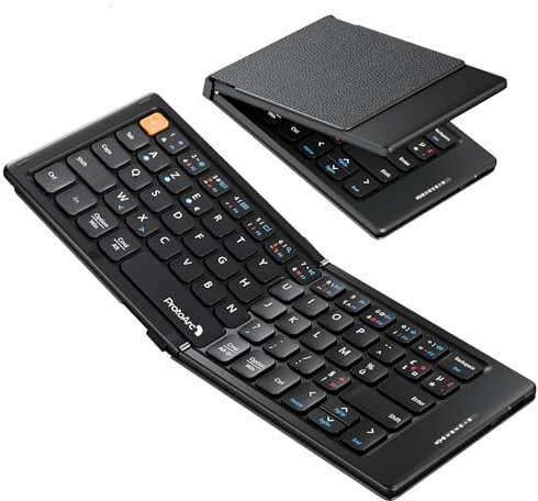 ProtoArc Clavier Compact Pliable, XK04 Clavier Bluetooth Portable avec Housse Cuir PU, Mini Clavier sans Fil pour iPad iPhone Mac Android Windows iOS - Noir