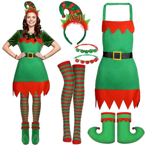 Beipegin Weihnachtself Kostüm Damen Herren,Elfen Kostüm Weihnachtshaarreifen Weihnachtsschuhe Weihnachten Strümpfe Weihnachten Kostüm Weihnachtskostüm Erwachsene Cosplay Fasching Kostümparty