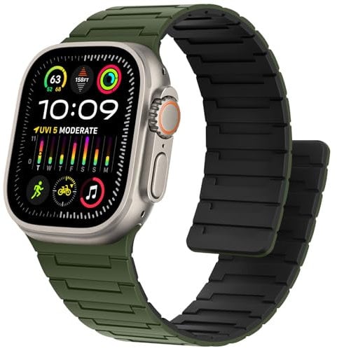 Bisikor Compatible con Apple Watch Correa 49mm 46mm 45mm 44mm 42mm Correas Magnética de Silicona Suave Deportiva para iWatch Ultra2 SE Series 10 9 8 7 6 5 4 3 2 1 (Verde Militar/Negro)