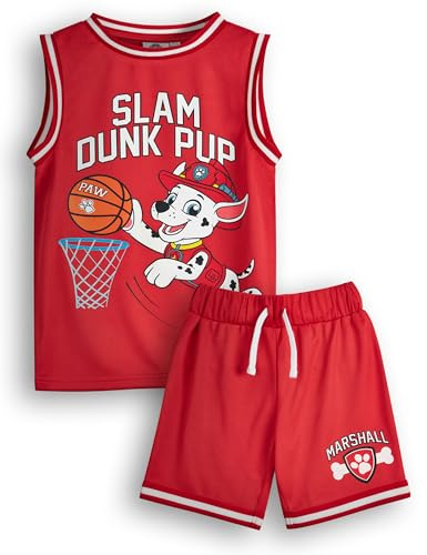 Paw Patrol Basketball-T-Shirt und Shorts für Kinder, zweiteiliges Sport-Set für Kinder, Slam Dunk Pup | Passendes Paket für Kinder, Rot, 4-5 Jahre