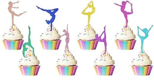 32 Stück Glitter Gymnastik Cupcake Toppers, Aerobic Yog Kuchen Topper, Bunte Gymnastik-Silhouette Cupcake Toppers Picks, Ballerina Cupcake Toppers für Geburtstag Party Decor
