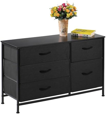 simpa Chest of Drawers - Single Fabric Storage Tower with 5 Drawers, Sturdy Black Steel Frame, black Wooden Top & Black Easy Pull Fabric Drawers
