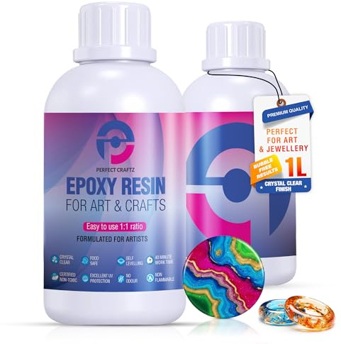 Perfect Craftz Epoxy Resin Kit 1L – Crystal Clear 2 Part Resin & Hardener, Food Safe & UV Resistant, Bubble Free Self-Leveling Casting & Coating for Art and Craft, Jewellery Making, Decor Items