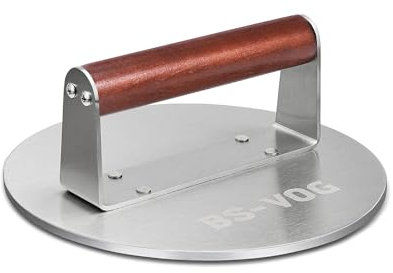 BS-VOG 21,6 cm Presse Steak Haché, 1,15 kg Poids Lourd avec Manche en Bois, Smashed Burger en Acier Inoxydable pour Viande, Patty, Steak, Bacon, Saucisse, Accessoires de Barbecue Professionnel