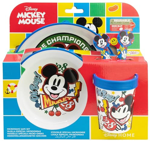 Set de vajilla infantil reutilizable antideslizante con base de silicona bicolor compuesto de plato, cuenco, vaso y cubiertos en caja de Mickey