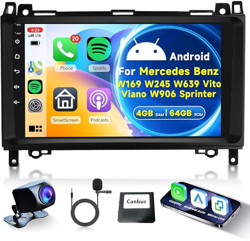 4G 64G Android Car Stereo for Mercedes Benz W169 W245 B160 B170 B180 B200 W639 Vito Viano W906 Sprinter with Carplay, 9 Inch Touch Screen Car Radio with GPS Bluetooth FM RDS Backup Camera