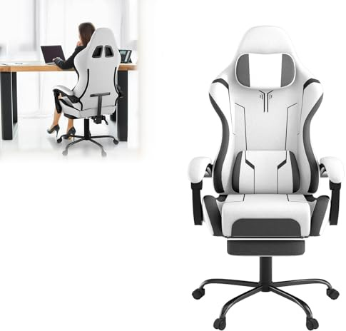 Froadp Gaming Stuhl Massage mit Fußstütze & Kopfstütze, Ergonomischer Gaming Chair mit Massage-Lendenkissen, Verstellbare Rückenlehne 90-135° - Schwarz & Weiß
