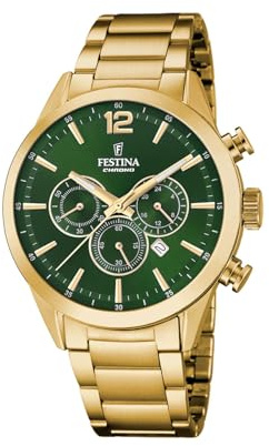 Festina Herren Uhr Analog aus Edelstahl 316L Goldfarben - Quarzwerk - Chronograph - Kalender - Widerstandsfähiges Mineralglas - Wasserdicht bis 5 ATM F20633/5 Timeless Chronograph