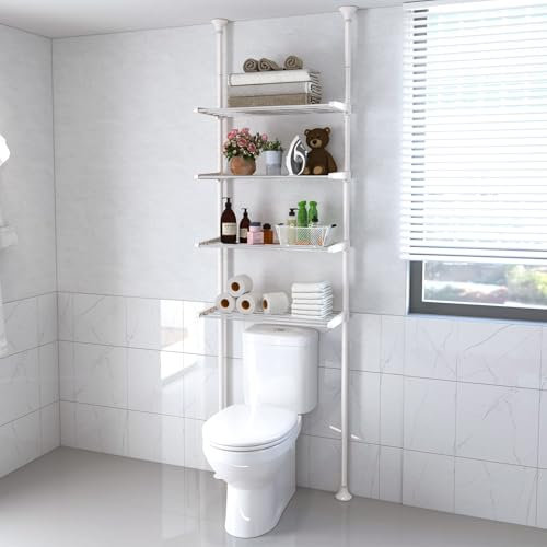 DAKEPOLE 4-Tier Toilet Storage Shelf, 246-295cm Adjustable Tension Pole Bathroom Organiser, Over Toilet Storage Unit Tall Standing Shelves for Over Washing Machine Storage, Space-Saving, White