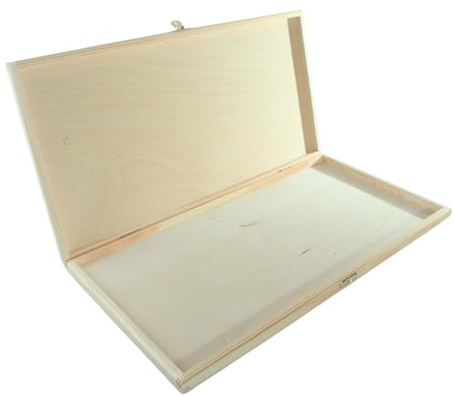 WooDeeDoo Large Shallow Slim Wooden Storage Box with Hinged Lid and Clasp - Unfinished Pine Case Documents Letters Brushes Crayons Art Supplies Craft Keepsakes - 47 x 24.5 x 3 cm
