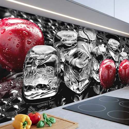 Panel Cocina Antisalpicaduras 300x60cm – Placa ABS Monolítica con Impresión Directa – Calidad Deluxe – Protector Decorativo – Diseños y Tamaños (Cubos de hielo y cerezas)
