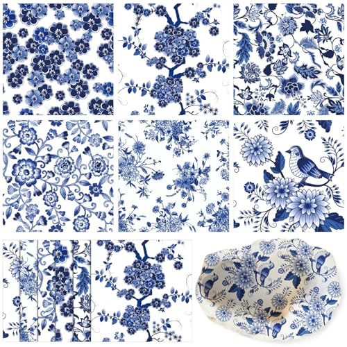 Epakh 36 Pack 6 Style Blue Decoupage Paper Napkins Assorted Floral Decorative Decoupage Napkin Chinoiserie Cocktail Paper for DIY Crafting Fall Christmas Wedding Party Decor, Each Unfolded 13''