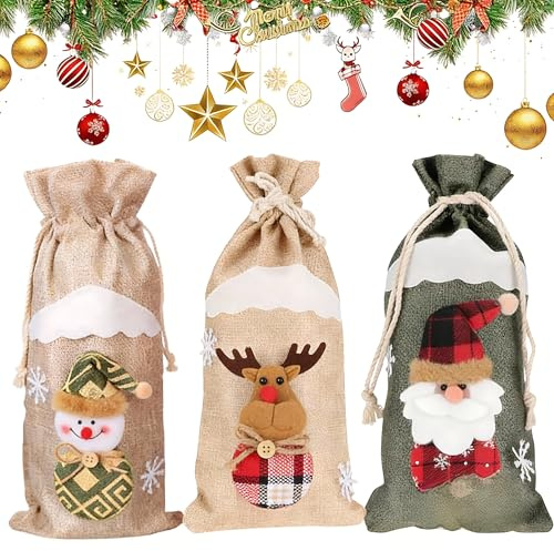 TOPBATHY Burlap Wine Bags 3pcs Christmas Bottle Bags Christmas Wine Present Covers with Drawstring for Winter Xmas Holiday Party Table Decoration