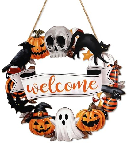 NymphFable Halloween Wreath Wooden Wall Decor, Welcome Skull Pumpkin Ghost Front Door Decor Halloween Themed Black Cat Bat Wooden Hanging Sign, 11.4x11 in