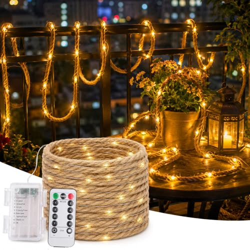 LED Lichterkette Seil,Fairy Lights Jute,2M 30 LED Juteseil Lichterkette Batteriebetrieben,8 Modi Seil Lichterkette Innenbereich von mit Fernbedienung,Naturseil Lichterketten für Kinderzimmer Party