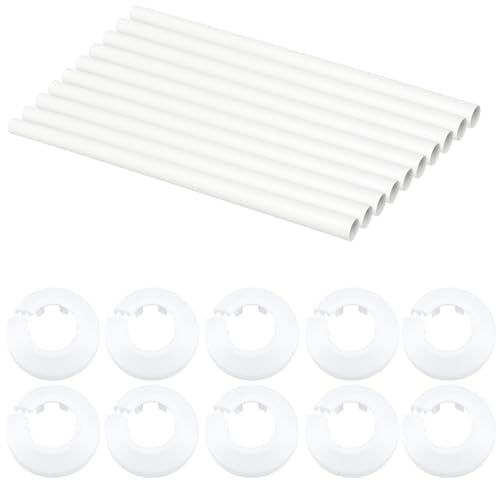 10 Pcs Radiator Pipe Covers and 10 PCS Pipe Collars,White Radiator Pipe Covers 15mm X 200mm and 13mm Radiator Pipe Collars Cover for Radiator Pipem,Easy Snap-On Installation, for Floor Hole Finish