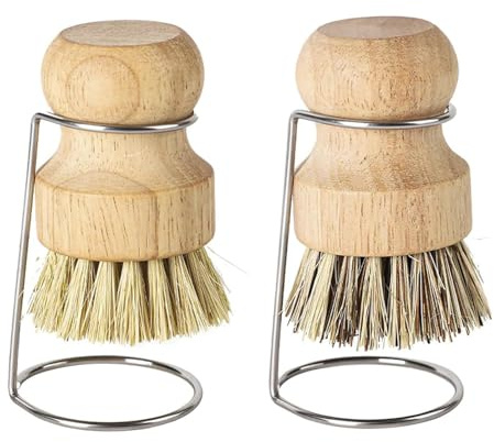 Bamboo Palm Brush, 2 Pcs Wood Dish Brushes with Drain Racks, Natural Wooden Washing up Brushes with Soft Plant Fibre Bristles for Gently Cleaning Dishes Pots Pans Kitchen Sink Fish