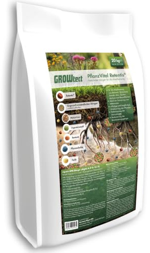GROWtect PflanzVital Retentis® – Natürlicher Pflanzdünger & Bodenverbesserer mit Wasserspeicher, Mykorrhiza & Pflanzenkohle | Organischer Dünger für Bäume, Sträucher und Pflanzen (20 kg)