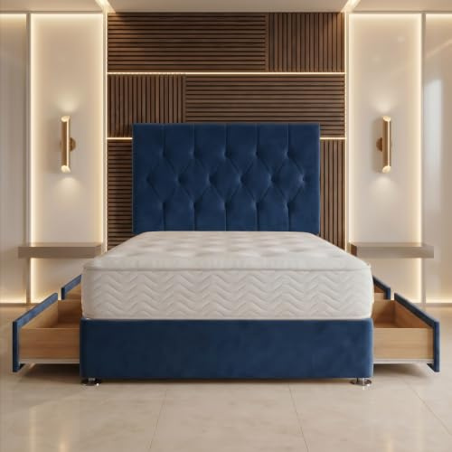 Bed Centre Ziggy Plush Small Double Storage Divan Bed Set, Navy, 4 Drawers | 24 cm Ortho Sprung Mattress, Headboard