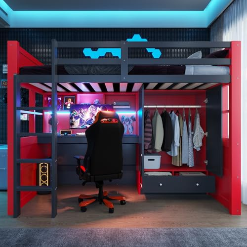 Lekvvied Cama alta para niños 90 x 200 cm con escalera, compartimento de almacenamiento y mesa, cama nido de madera con armario y cajones, cama individual para gaming, estructura de cama para niños